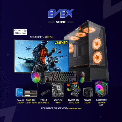 Evex Elite Gaming PC – Core i5 12400F | RTX 4060 8GB | 16GB RAM | 24" Curved 180Hz Monitor